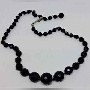 * Vintage Austria Hand Tied Graduated Black Glass Faceted Bead Necklace